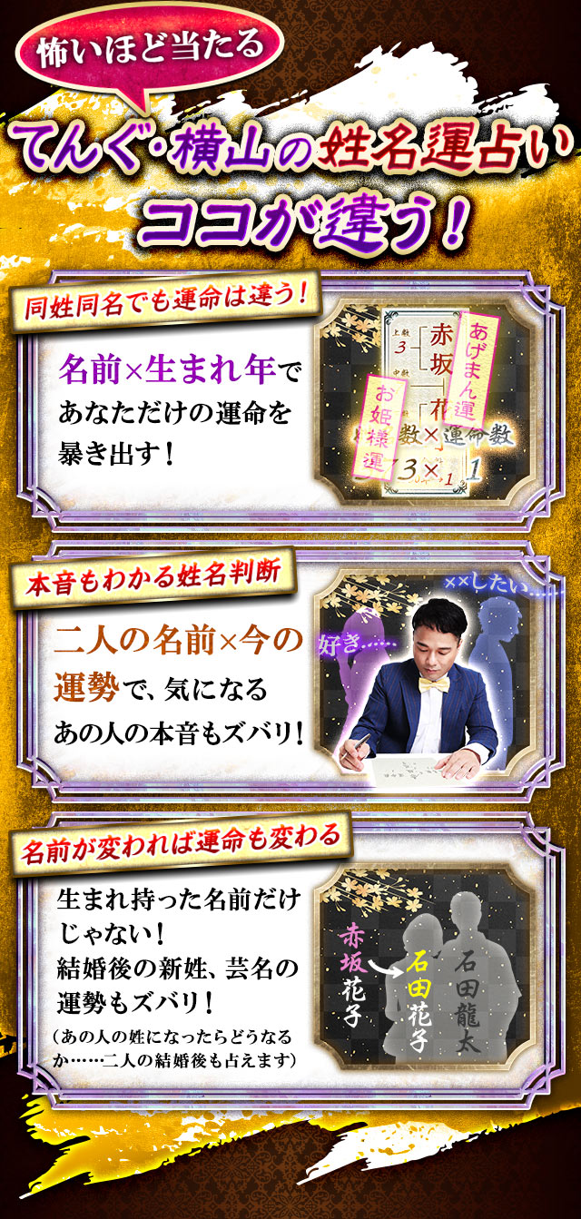 怖いほど当たる　てんぐ・横山の姓名運占いココが違う！　同姓同名でも運命は違う！ 名前×生まれ年であなただけの運命を暴き出す！　本音もわかる姓名判断　二人の名前×今の運勢で、気になるあの人の本音もズバリ！　名前が変われば運命も変わる  生まれ持った名前だけじゃない！ 結婚後の新姓、芸名の運勢もズバリ！（あの人の姓になったらどうなるか……二人の結婚後も占えます）